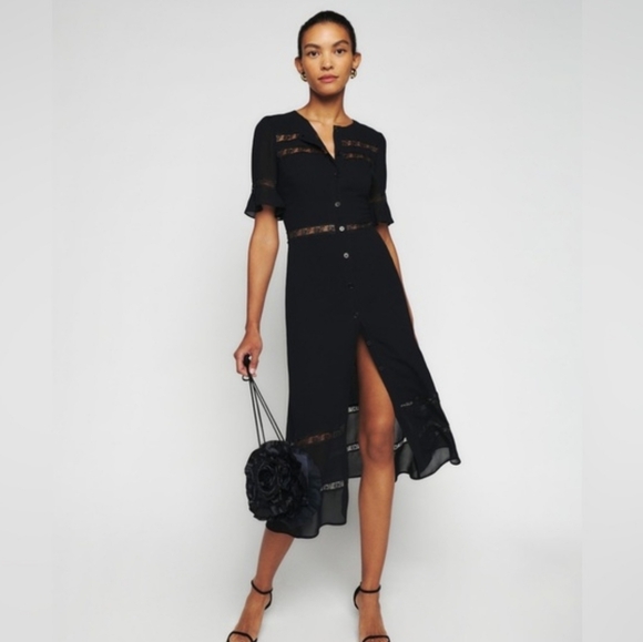 REFORMATION WOODSON LACE MIDI DRESS IN BLACK - Picture 5 of 11